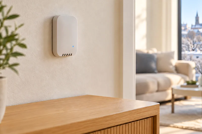 Wireless temperature sensor mounted on an apartment wall