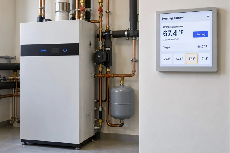 Boiler and heating control display showing the coldest apartment temperature